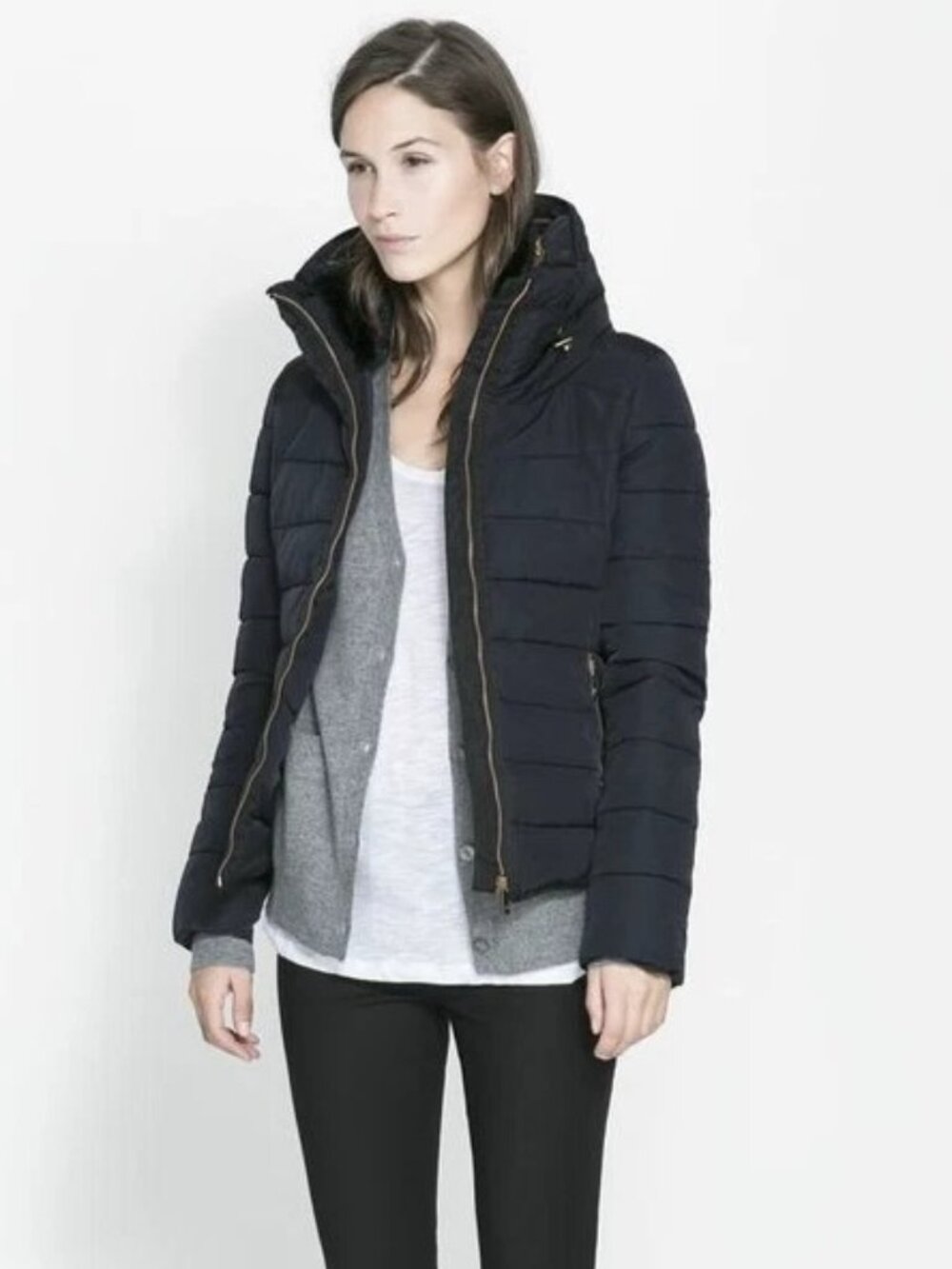 ZARA Black Puffer Winter Warm faux Fur Hood PARKA Jacket coat *MEDIUM* B91